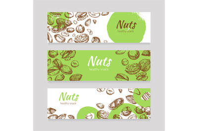 Eating nuts and seeds banners. Healthy food banner set in engraving st