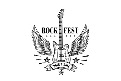 Guitar with wings. Music festival vintage poster. Rock and roll tattoo