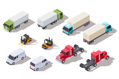 Isometric truck. Transportation trucks with container and van, lorry a