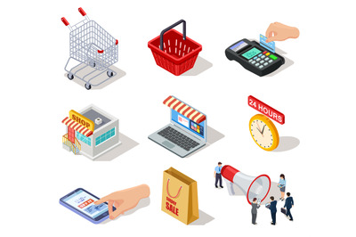 Isometric shopping icons. Ecommerce store, online shop and internet pu