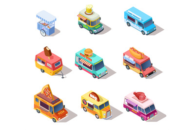 Isometric street food trucks and carts. Selling hot dogs and coffee, p