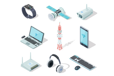 Electronic devices. Isometric wireless gadgets connection. Remote cont