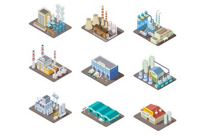 Isometric factory set. 3d industrial buildings&2C; power plant and wareho