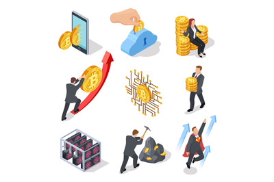 Ico and blockchain isometric icons. Bitcoin mining and cryptocurrency