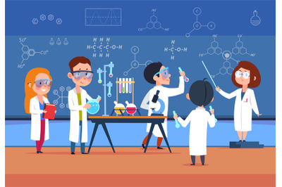 School kids in chemistry lab. Children in science laboratory make test