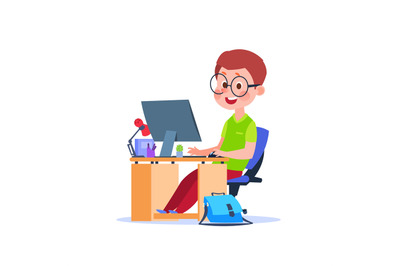 Child at computer. Cartoon boy learning at desk with laptop. Student s