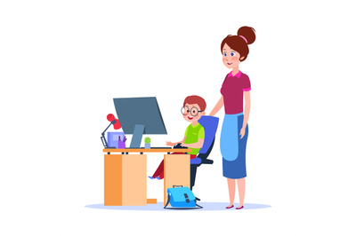 Mother and child at computer. Mom helping boy with homework. Cartoon s