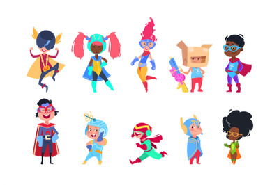 Kids superheroes. Cartoon superhero children. Boys and girls in carniv