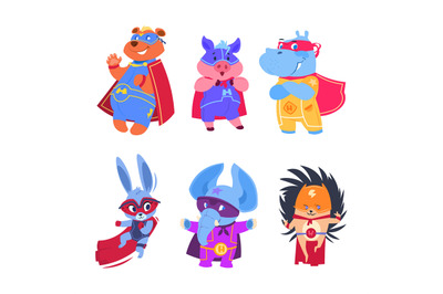 Superhero animals. Baby superheroes vector characters set