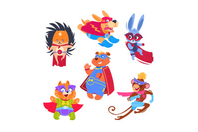 Superhero animal kids. Funny animals wearing superheroes costumes. Cos