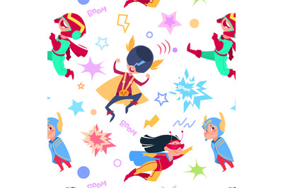 Superhero kids seamless pattern. Cartoon superheroes children. Flying