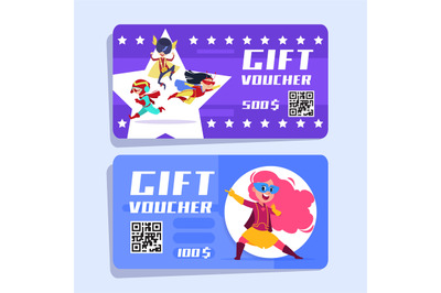 Superhero kids gift voucher. Superheroes children vector banners