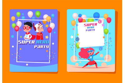 Superhero kids party. Preschool children in superheroes costumes. Birt