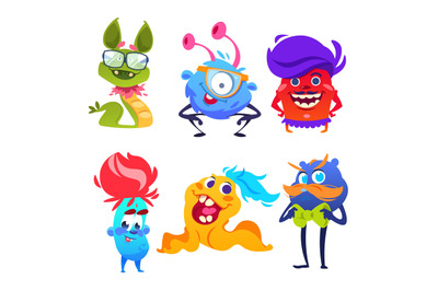 Cute monsters. Happy cartoon mutant and goblin toys. Halloween aliens