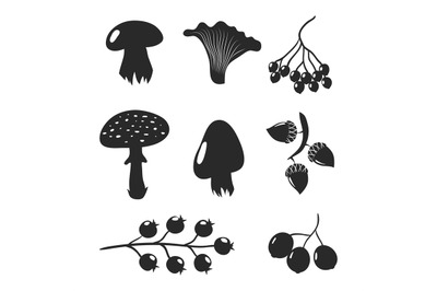 Mushrooms and berries black silhouettes isolated on white background