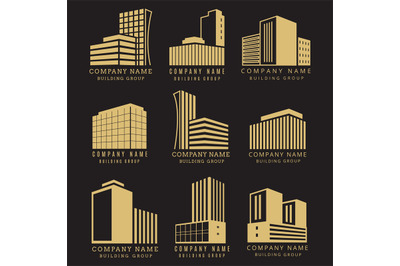 Construction logo, real estate emblems vector collection with golden b