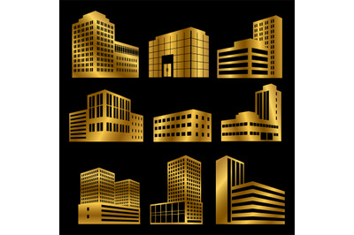 Gold modern business buildings vector icons isolated on black