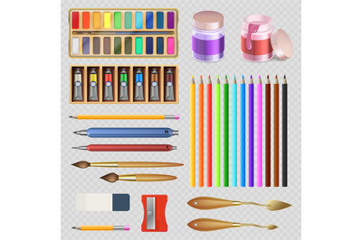 Realistic artistic tools isolated on transparent background