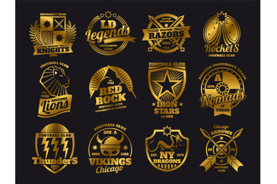 Gold school emblems, college athletic teams sports labels isolated on