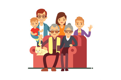 Cartoon style family isolated on white background. Grandparents Day ha