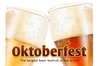 Oktoberfest banner with realistic glasses of beer isolated on white ba