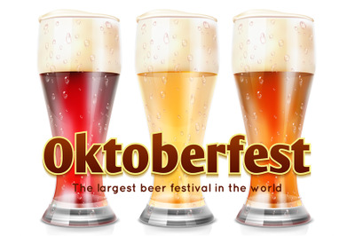 Realistic glasses of beer vector illustration. Oktoberfest banner temp