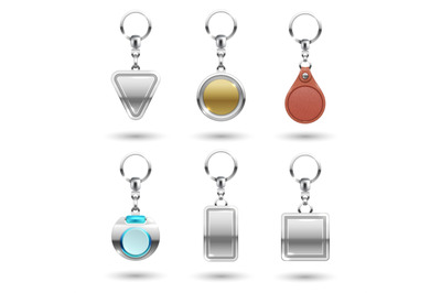 Realistic vector silver, golden, leather keychains in different shapes