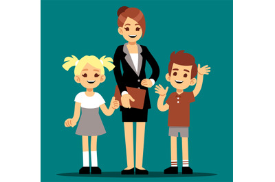 Cartoon boy and girl with their first teacher. Back to school vector i