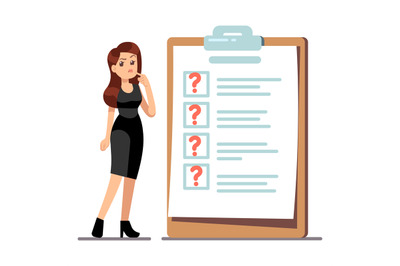 Cartoon young standing woman thinking about time management. Businessw