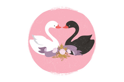 White and black swans. Character swans in love banner