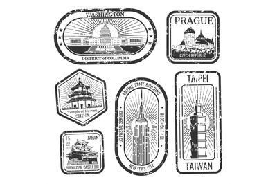 Black and white vintage travel stamps with major monuments and landmar