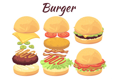 Burgers isolated on white background. Cartoon fast food vector illustr