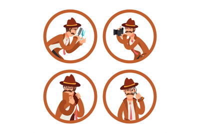 Cartoon detective avatars vector set