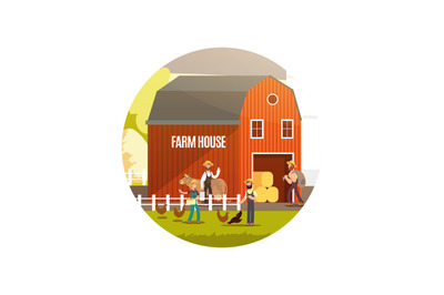 Cartoon farm with farmers&2C; farm animals and equipment vector illustrat