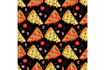 Cartoon pizza slices and ingredients seamless pattern