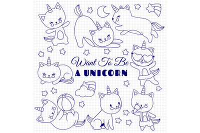 Cute cats like unicorn vector set. Cartoon kittens on school notebook