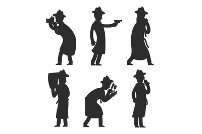 Detective silhouettes isolated on white. Policeman silhouettes vector