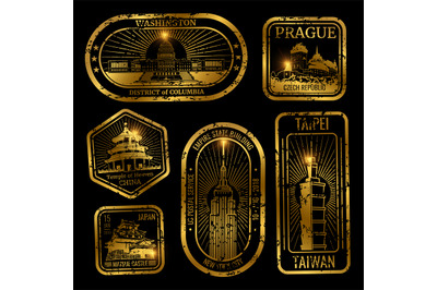 Gold vintage travel stamps with monuments and landmarks