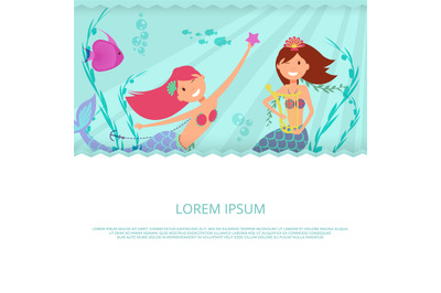 Happy mermaid and underwater life vector banner template