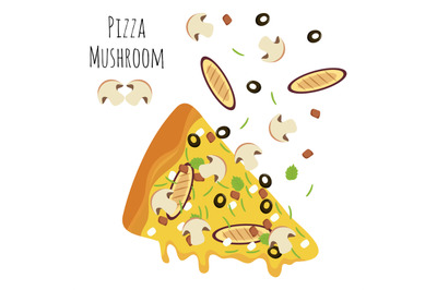 Italian mushroom pizza slice with falling ingredients