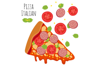 Italian pizza with sausage, tomato, cheese vector illustration