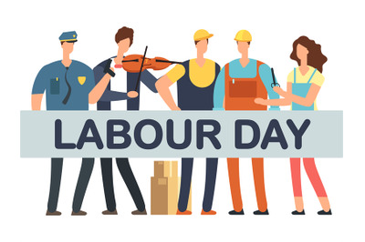 Labour Day banner with cartoon professionals isolated on white backgro