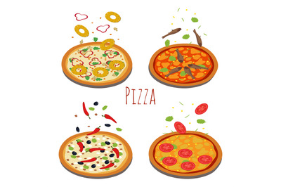 Set of different pizzas with falling ingredients