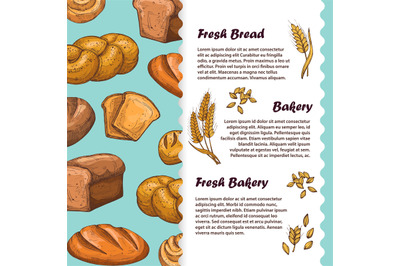 Bakery, cafe menu, flyer template with vector bread and loaf