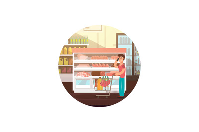 Cartoon man in food store or supermarket vector banner