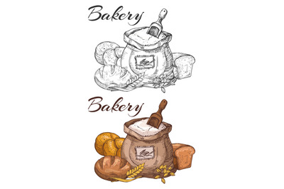 Colorful and black and white bakery emblem design. Fresh bread and mea