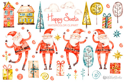 Happy Santa Claus.  Christmas watercolor clipart