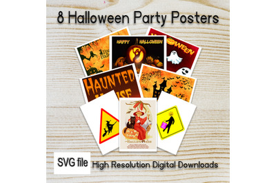 Cute Halloween Poster Pack of 8 Sign decoration gift SVG Clip Art Prin