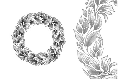 Floral wreath. Black and white
