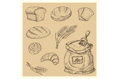 Hand drawn bread, rolls, croissant, meal vector set